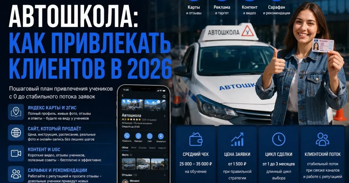 Продвижение автошколы: учебный автомобиль, ученик с водительским удостоверением, Яндекс Карты, отзывы, сайт и интернет-реклама для привлечения новых клиентов.