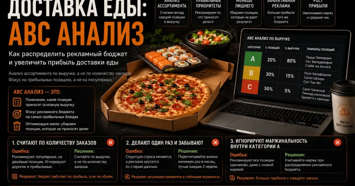 ABC-анализ доставки еды: пицца, роллы и аналитика меню, распределение рекламного бюджета, прибыльные позиции и оптимизация ассортимента.