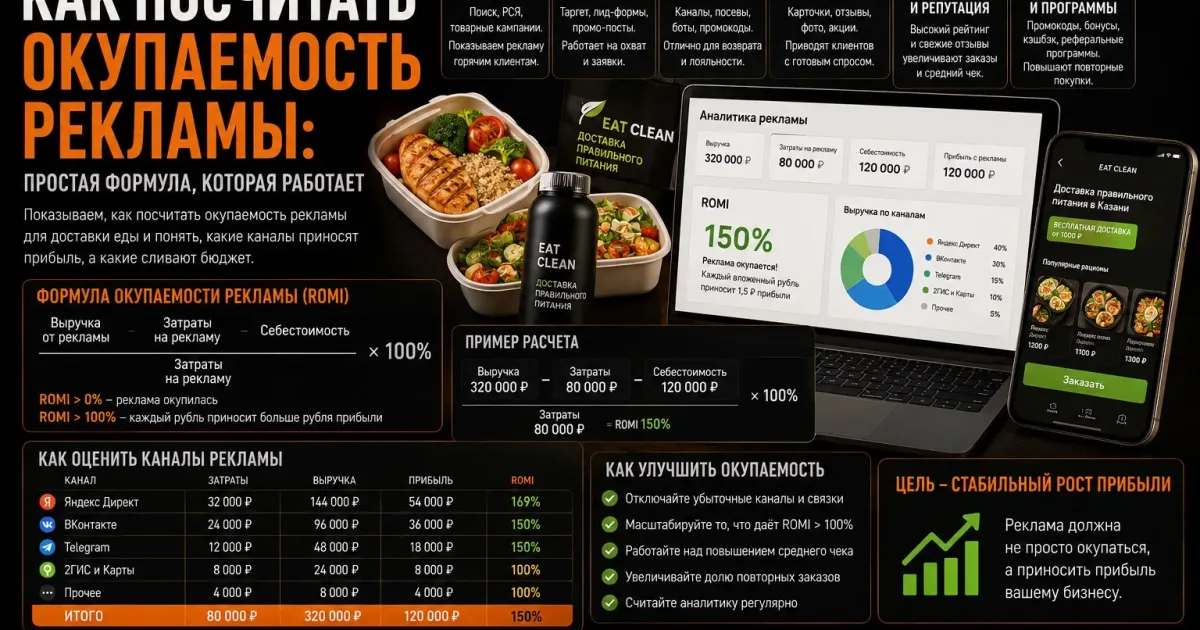 Как посчитать окупаемость рекламы: аналитика ROMI, формула расчёта, маркетинговые показатели, доставка еды и оценка эффективности рекламных каналов.