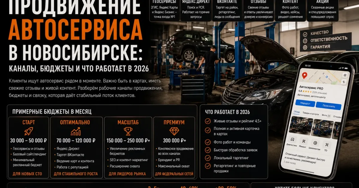 Продвижение автосервиса в Новосибирске: современный автосервис, автомобиль в ремонтной зоне, Яндекс Карты, 2ГИС, отзывы и интернет-реклама для привлечения клиентов.