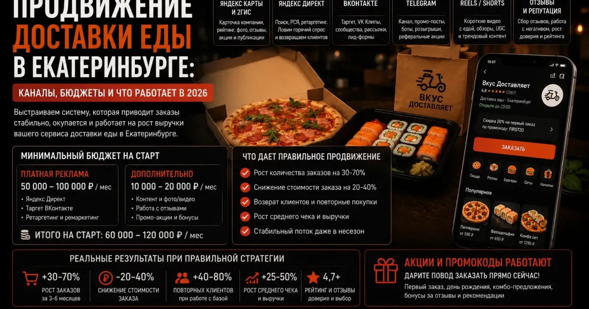Продвижение доставки еды в Екатеринбурге: пицца, роллы, мобильное приложение, Яндекс Карты, 2ГИС, интернет-реклама и каналы привлечения клиентов.