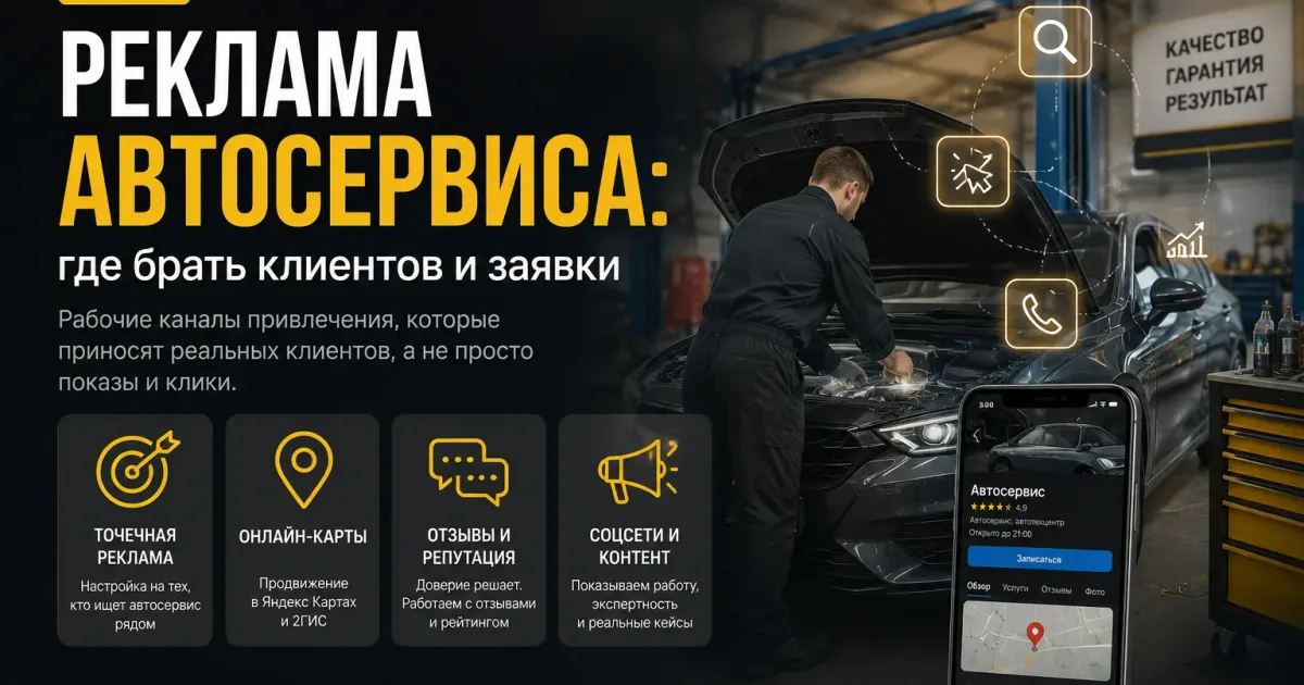 Реклама автосервиса: механик ремонтирует автомобиль в сервисе, на фоне показаны цифровые каналы привлечения клиентов, онлайн-карты, отзывы и интернет-маркетинг.