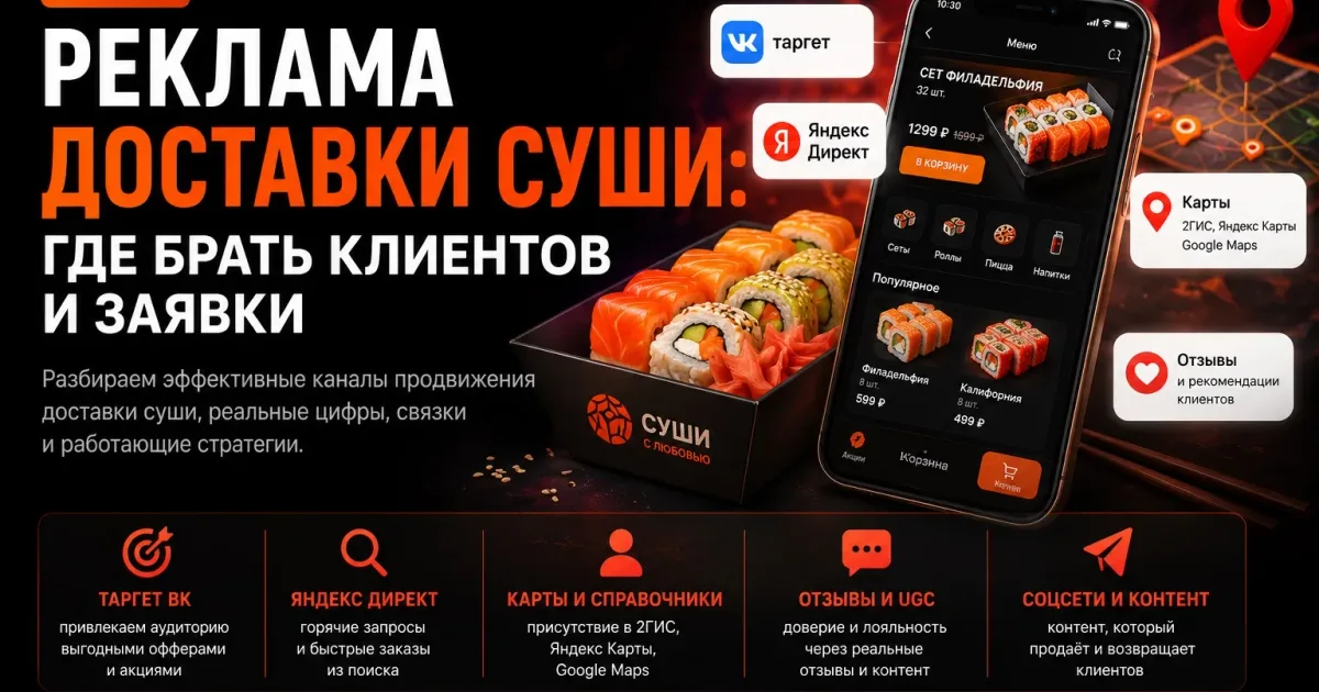 Реклама доставки суши: роллы, мобильное приложение для заказа, интернет-маркетинг, Яндекс Директ, таргет ВК, карты и отзывы для привлечения клиентов.