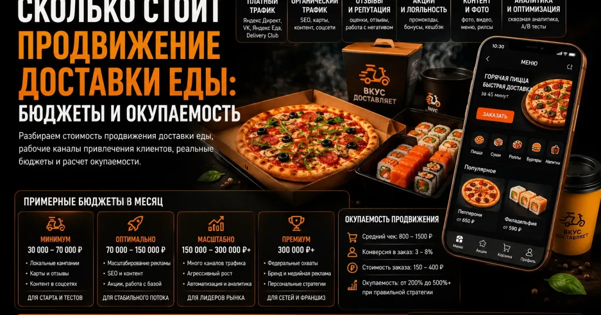 Сколько стоит продвижение доставки еды: пицца, суши, мобильное приложение для заказа, маркетинговые бюджеты, интернет-реклама и привлечение клиентов.